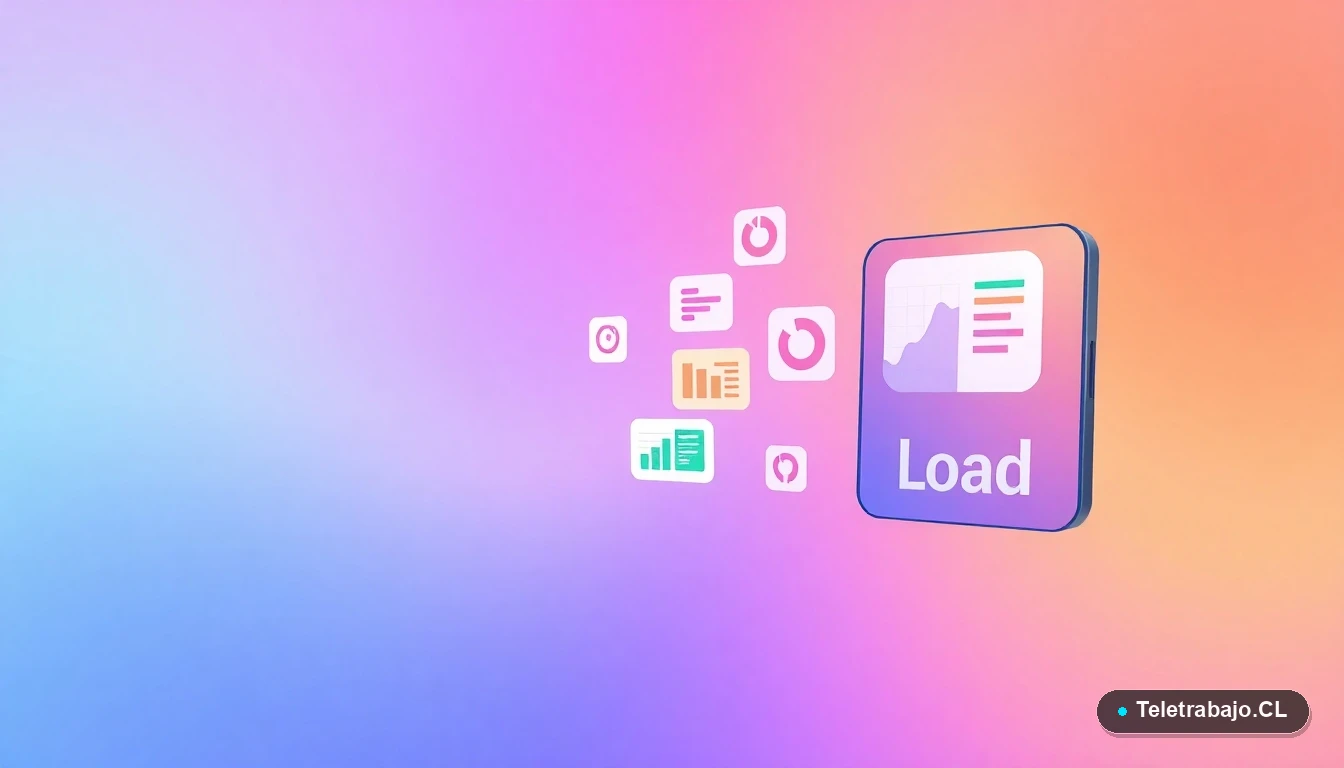 Ilustración vectorial de interfaz de usuario abstracta con gráficos flotantes y símbolos de carga, representando soluciones técnicas, sobre fondo degradado melocotón.