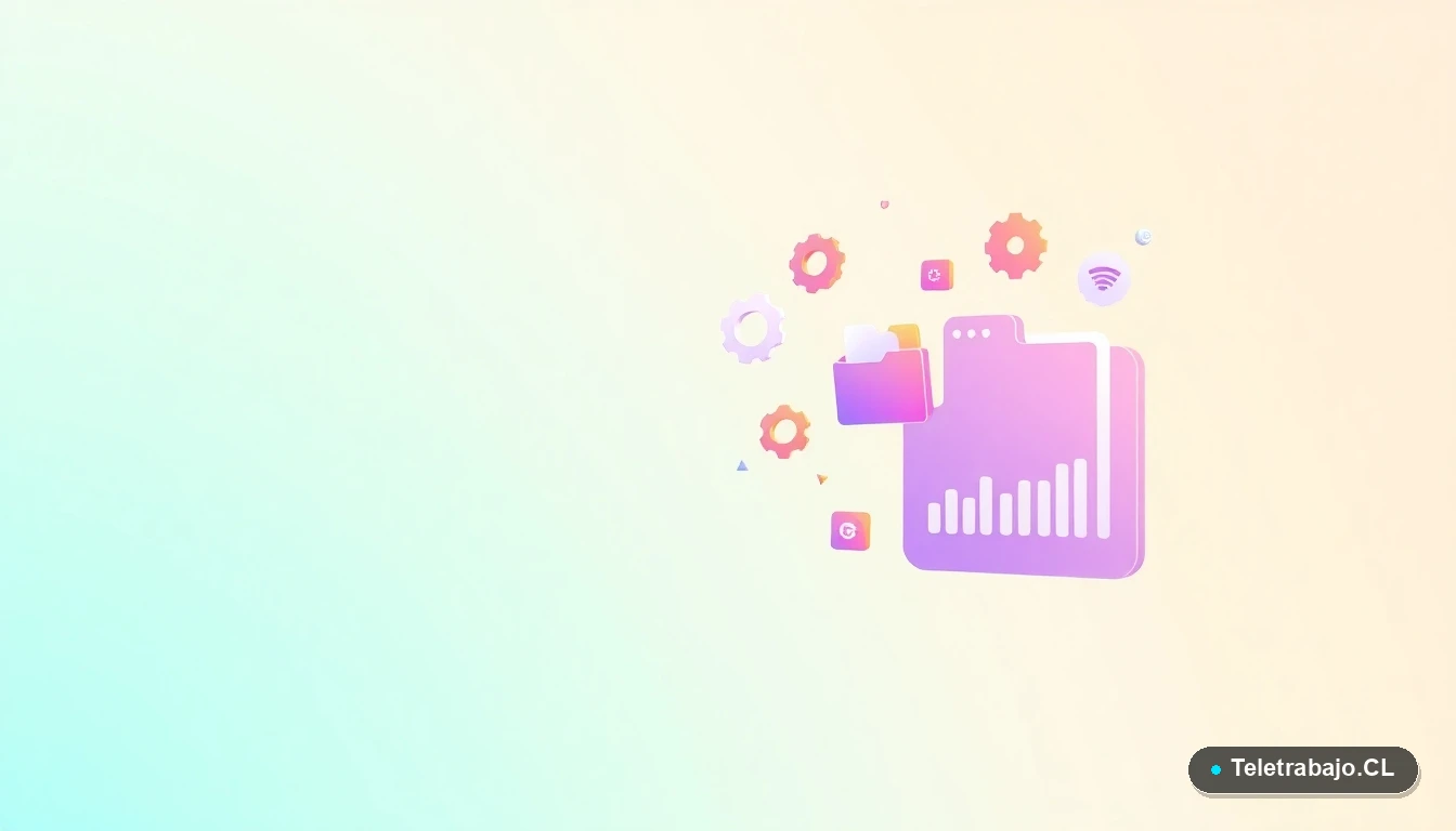 Elementos de interfaz de usuario abstractos y minimalistas, como gráficos flotantes y engranajes, representando herramientas de productividad digital para el teletrabajo.