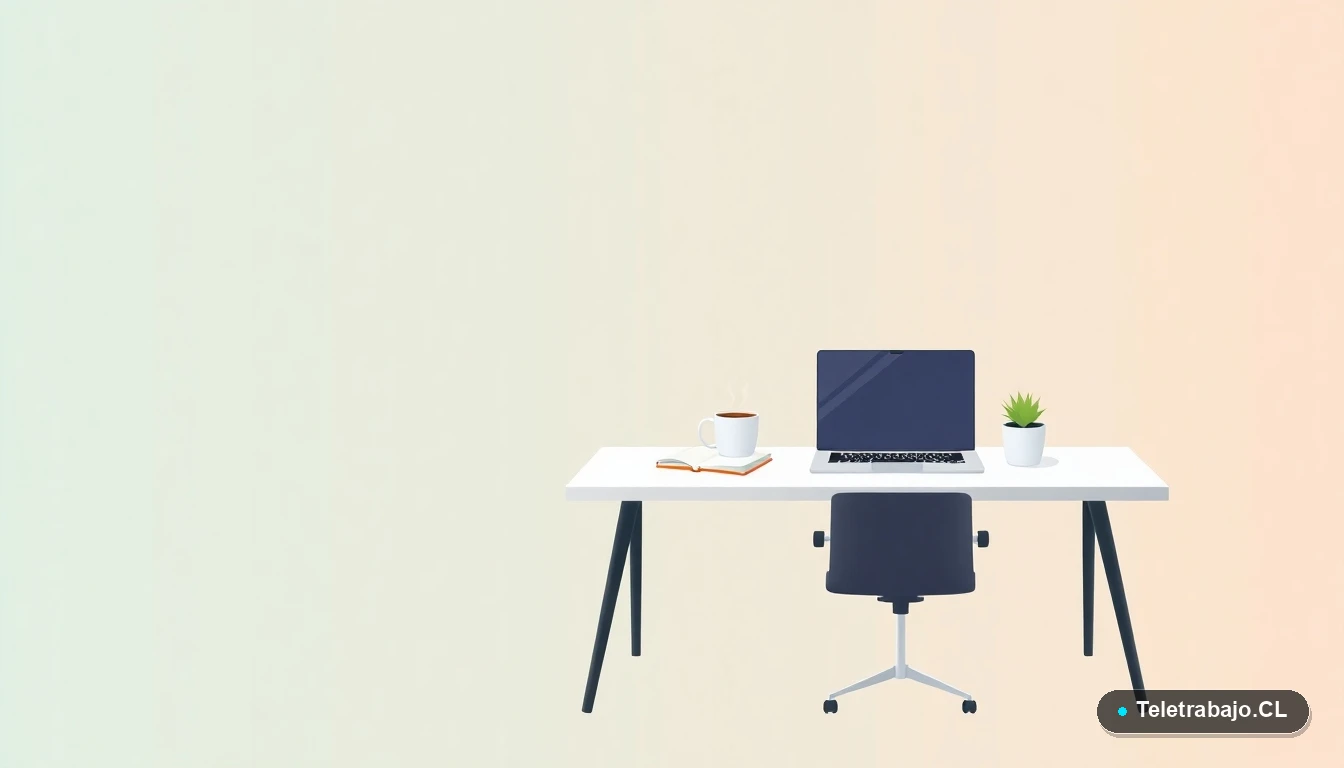 Escritorio moderno minimalista con laptop, cuaderno y una taza de café, ilustración vectorial plana sobre fondo degradado. Concepto de teletrabajo y productividad.