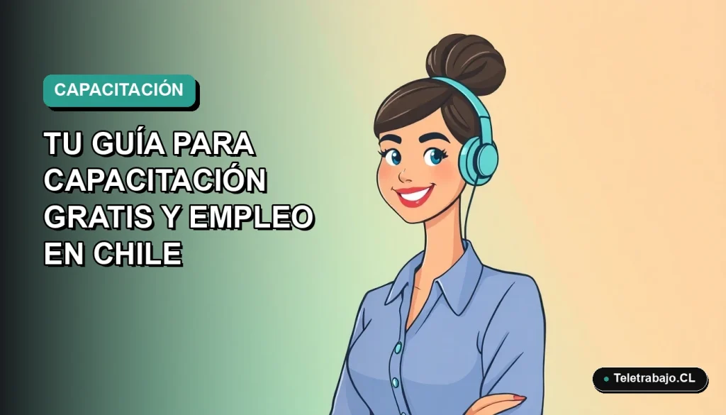 Ilustración plana corporativa de una trabajadora chilena sonriente, con blusa azul y pelo recogido, sobre fondo degradado verde azulado. Representa capacitación digital y empleo.