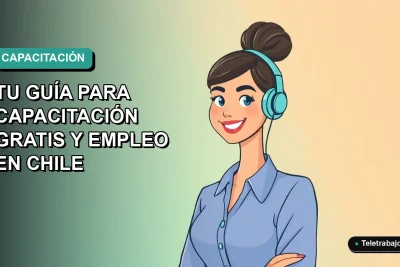 Ilustración plana corporativa de una trabajadora chilena sonriente, con blusa azul y pelo recogido, sobre fondo degradado verde azulado. Representa capacitación digital y empleo.