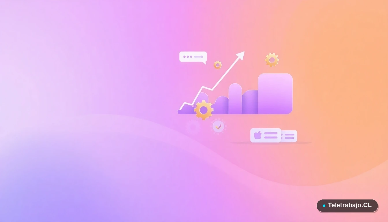Elementos de interfaz de usuario abstractos y modernos: gráficos, engranajes y carpetas flotantes en tonos lavanda y durazno, sobre fondo degradado. Concepto de tecnología y crecimiento digital.