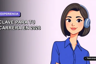 Ilustración plana corporativa de una mujer profesional de teletrabajo, con blusa azul y corte de pelo bob, sobre un fondo degradado lavanda y gris. Espacio negativo a la izquierda.