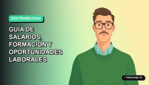 Ilustración plana vectorial de un experto en sostenibilidad, hombre con suéter verde, mirando a la cámara, sobre fondo degradado verde menta. Guía de salarios y oportunidades en Chile 2026.