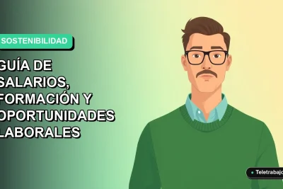 Ilustración plana vectorial de un experto en sostenibilidad, hombre con suéter verde, mirando a la cámara, sobre fondo degradado verde menta. Guía de salarios y oportunidades en Chile 2026.