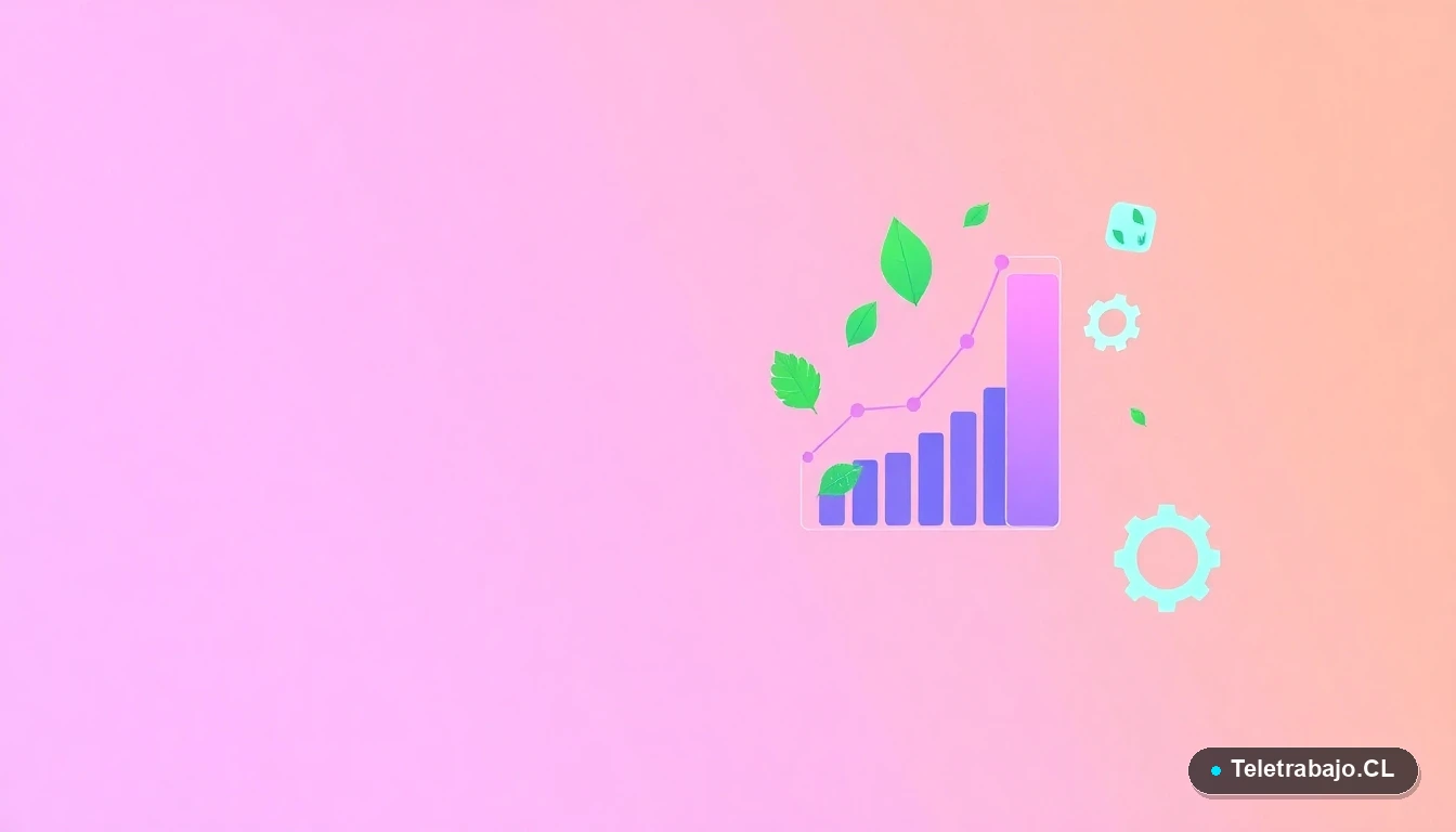 Composición abstracta de interfaz de usuario con gráficos, hojas y engranajes flotantes, ilustración vectorial plana sobre fondo degradado lila y durazno, representando datos y tecnología sostenible.