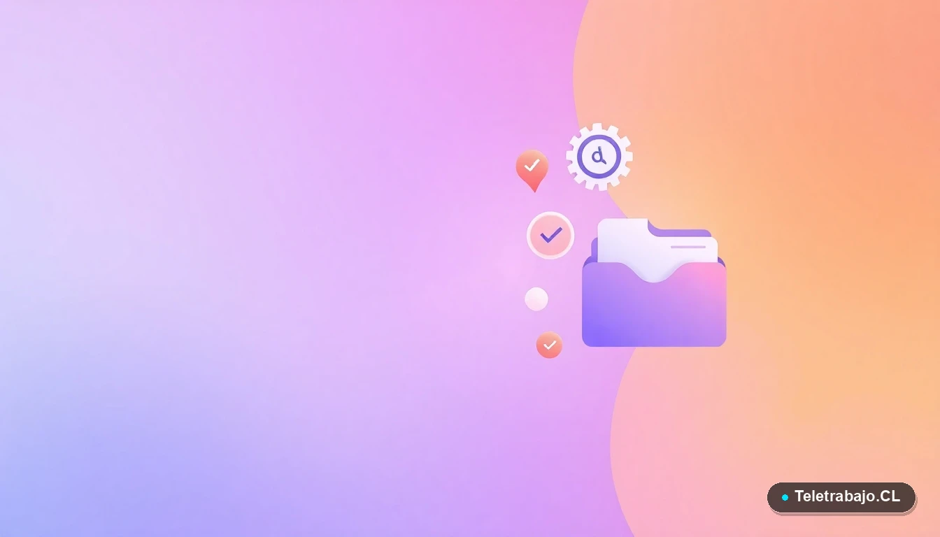 Composición abstracta de interfaz de usuario con gráficos flotantes, engranajes y carpetas, sobre fondo degradado lila, concepto de procesos legales y finiquitos laborales digitales.