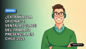 Ilustración plana corporativa de un trabajador masculino de tecnología sonriendo, con fondo degradado azul y espacio negativo, representando las ventajas del trabajo en oficina en Chile 2026.