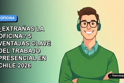 Ilustración plana corporativa de un trabajador masculino de tecnología sonriendo, con fondo degradado azul y espacio negativo, representando las ventajas del trabajo en oficina en Chile 2026.