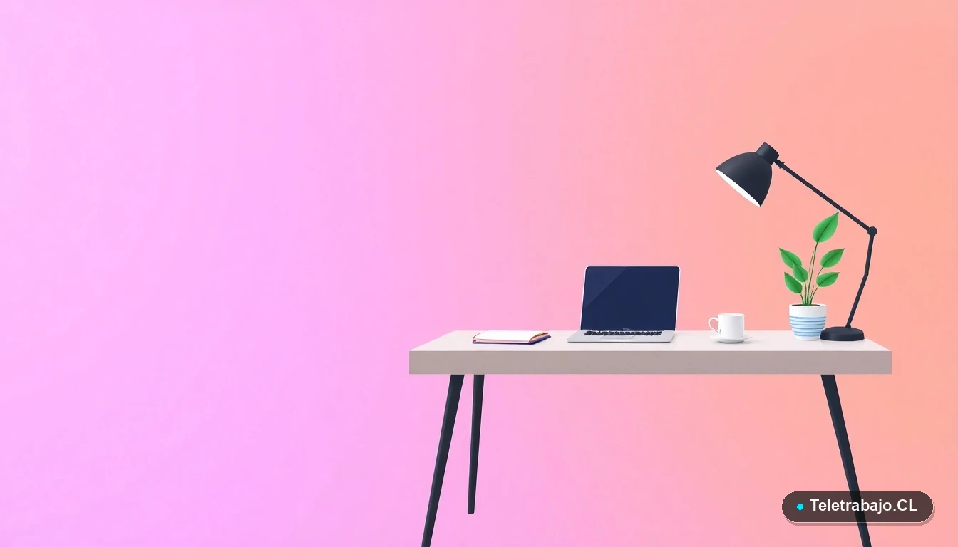 Escritorio moderno minimalista con laptop, café y planta, en estilo de ilustración vectorial plana, con fondo degradado lila y melocotón, representando un espacio de trabajo ordenado.