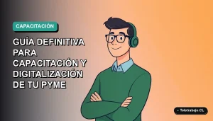 Ilustración plana vectorial de un trabajador remoto masculino con suéter verde, sobre fondo degradado azul verdoso, representando la digitalización de la capacitación SENCE para pymes.