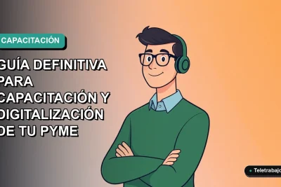 Ilustración plana vectorial de un trabajador remoto masculino con suéter verde, sobre fondo degradado azul verdoso, representando la digitalización de la capacitación SENCE para pymes.