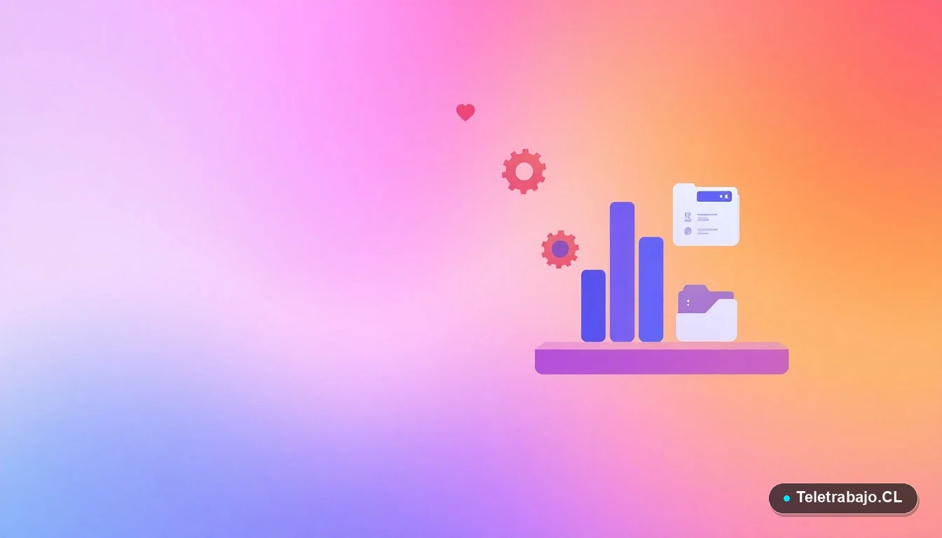 Ilustración abstracta de interfaz digital con gráficos y iconos flotantes, sobre fondo degradado lila y durazno, simbolizando la gestión tecnológica de la facturación SENCE para empresas.