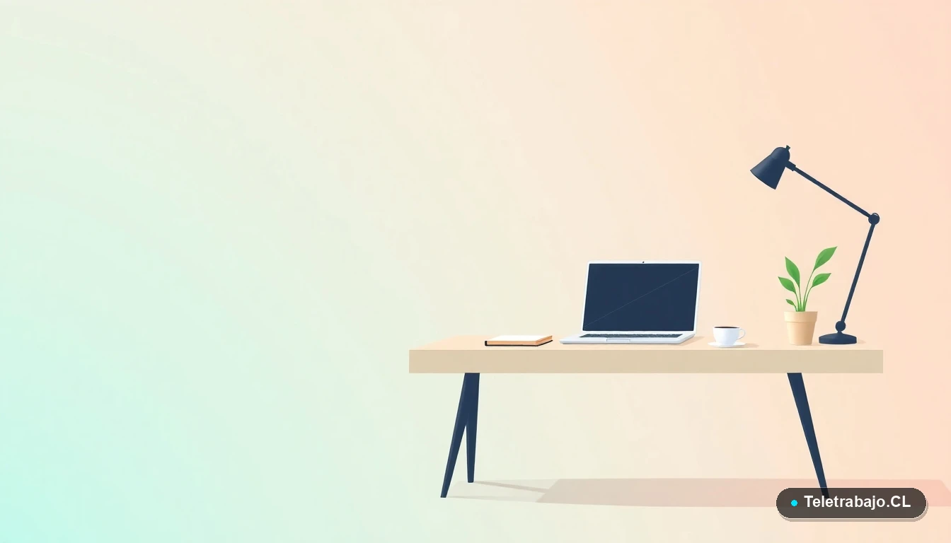 Escritorio moderno minimalista vacío con laptop, cuaderno y taza de café, ilustración plana sobre fondo degradado menta y verde azulado. Concepto de espacio de trabajo y ausencia.