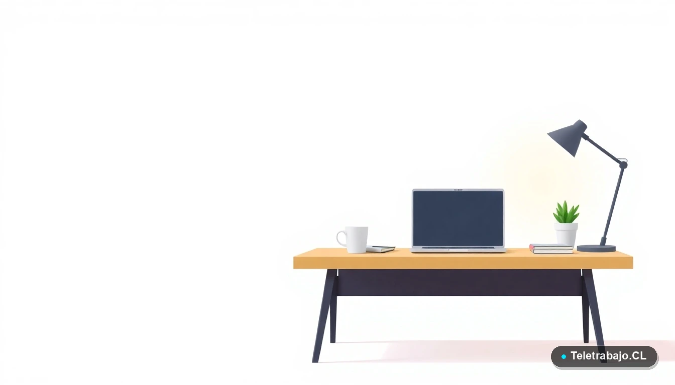 Escritorio moderno minimalista con laptop, cuaderno, taza de café y una planta suculenta, sobre un fondo degradado en tonos menta fresco, concepto de espacio de trabajo para talento remoto.