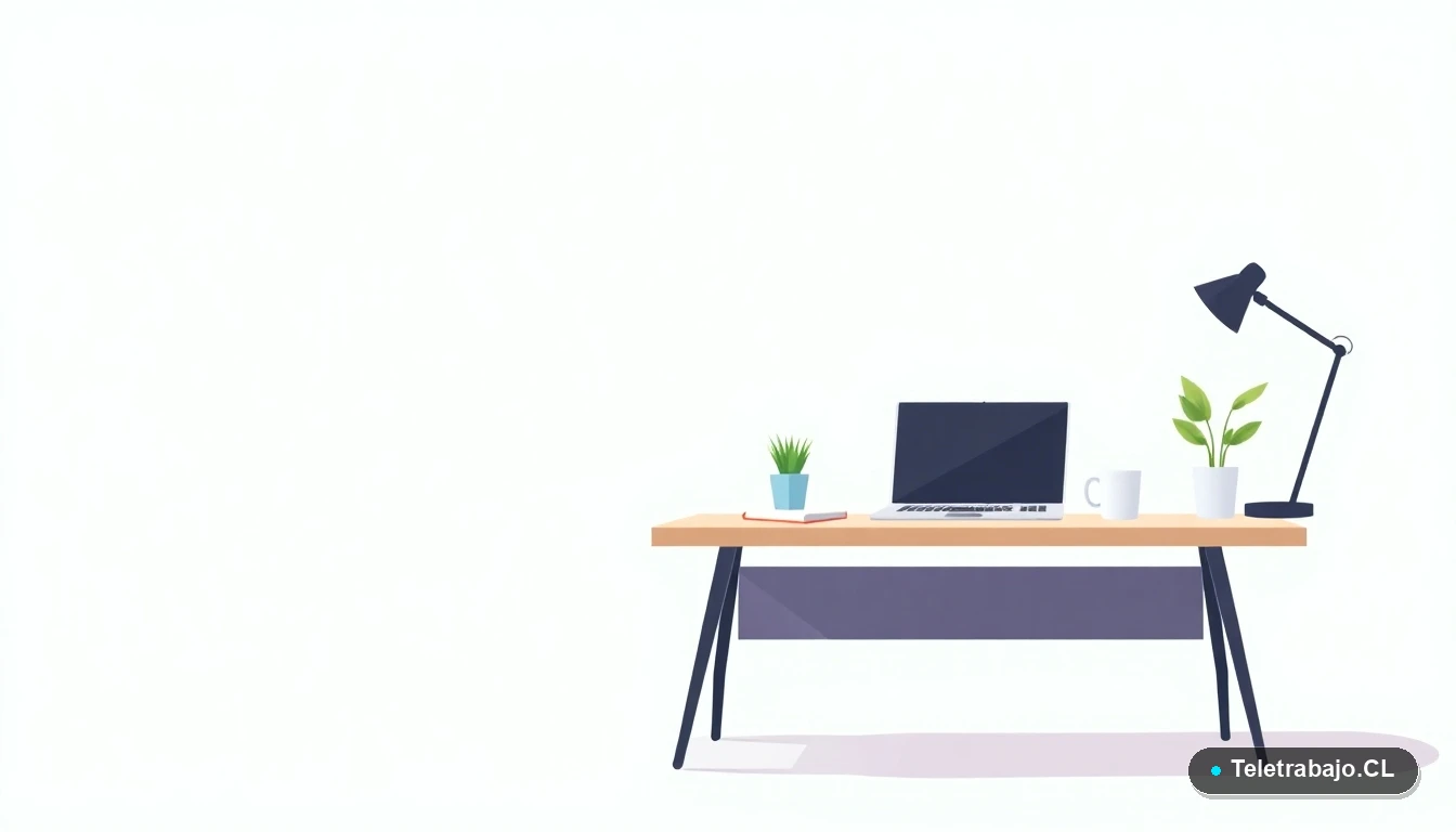 Escritorio moderno de trabajo remoto vacío con laptop, cuaderno, taza de café y planta, en estilo de ilustración plana, sobre fondo degradado verde menta. Concepto de espacio de trabajo profesional.