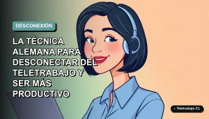 Ilustración plana vectorial de mujer profesional de teletrabajo con blusa azul, sonriendo, sobre fondo degradado suave azul verdoso. Concepto de productividad y desconexión laboral.