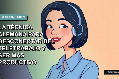 Ilustración plana vectorial de mujer profesional de teletrabajo con blusa azul, sonriendo, sobre fondo degradado suave azul verdoso. Concepto de productividad y desconexión laboral.