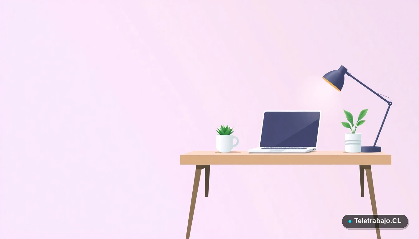 Ilustración vectorial de un escritorio moderno y ordenado con un portátil cerrado, una taza de café y una planta suculenta, sobre fondo degradado lila y gris, representando el fin de la jornada laboral.