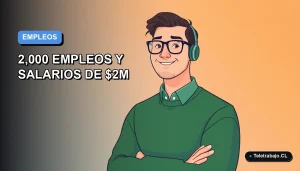 Ilustración vectorial plana de un trabajador remoto masculino con suéter verde, sobre un fondo degradado azul y blanco, representando la Feria Laboral La Florida 2026.