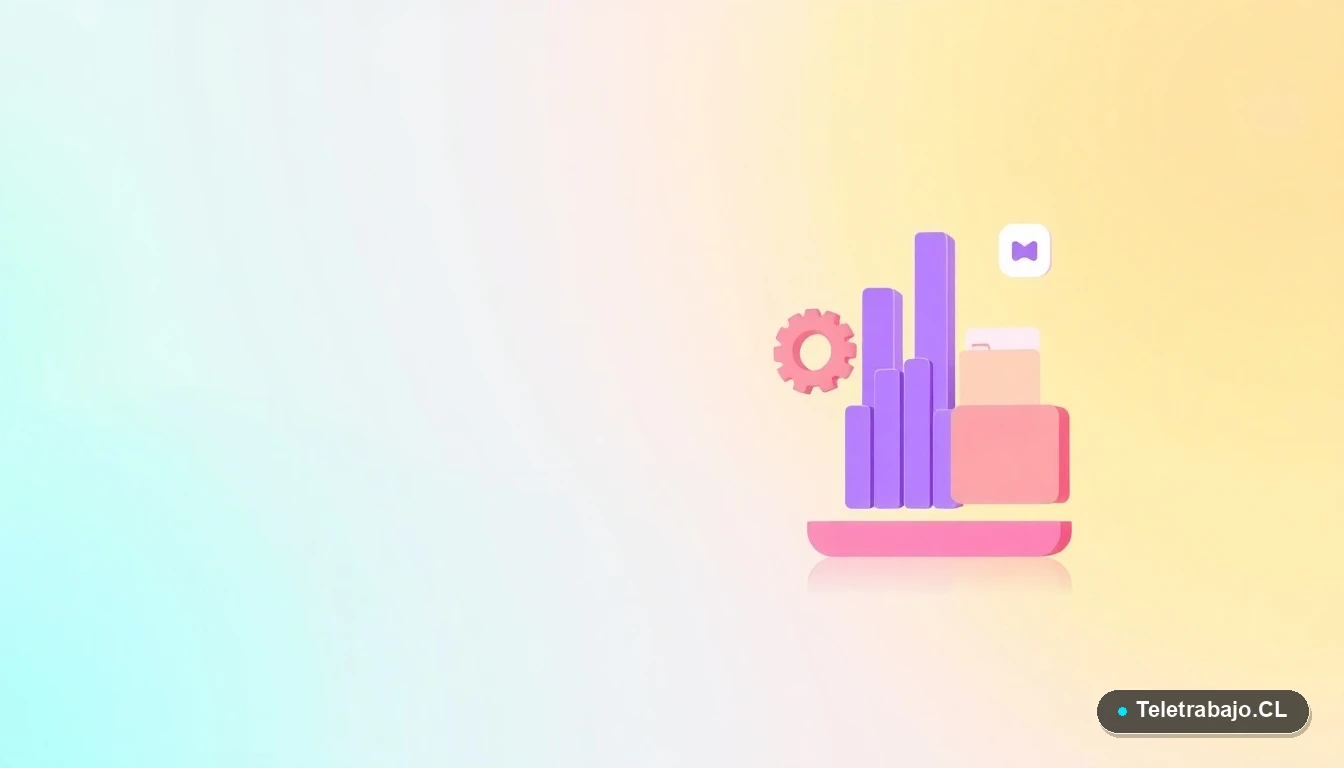 Composición abstracta de interfaz de usuario con gráficos y iconos flotantes en colores lavanda y durazno, sobre fondo degradado de menta y amarillo pálido, concepto de tecnología y empleo.