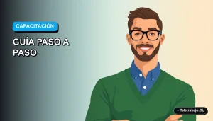 Ilustración plana vectorial de un trabajador hombre con suéter verde y camisa, sobre un fondo degradado azul, representando la capacitación en inglés financiada por SENCE.