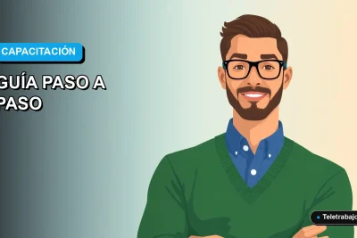 Ilustración plana vectorial de un trabajador hombre con suéter verde y camisa, sobre un fondo degradado azul, representando la capacitación en inglés financiada por SENCE.