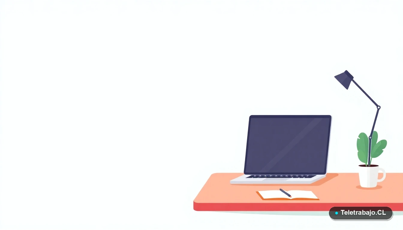 Escritorio moderno minimalista con laptop, cuaderno, taza de café y planta en maceta, ilustración plana sobre fondo degradado menta. Representa el espacio de trabajo y crecimiento para Pymes.