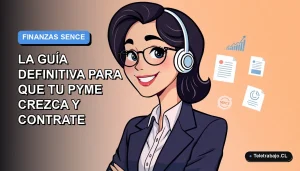 Ilustración plana corporativa de una trabajadora remota feliz junto a elementos de finanzas y capacitación SENCE para pymes.
