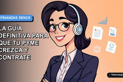 Ilustración plana corporativa de una trabajadora remota feliz junto a elementos de finanzas y capacitación SENCE para pymes.