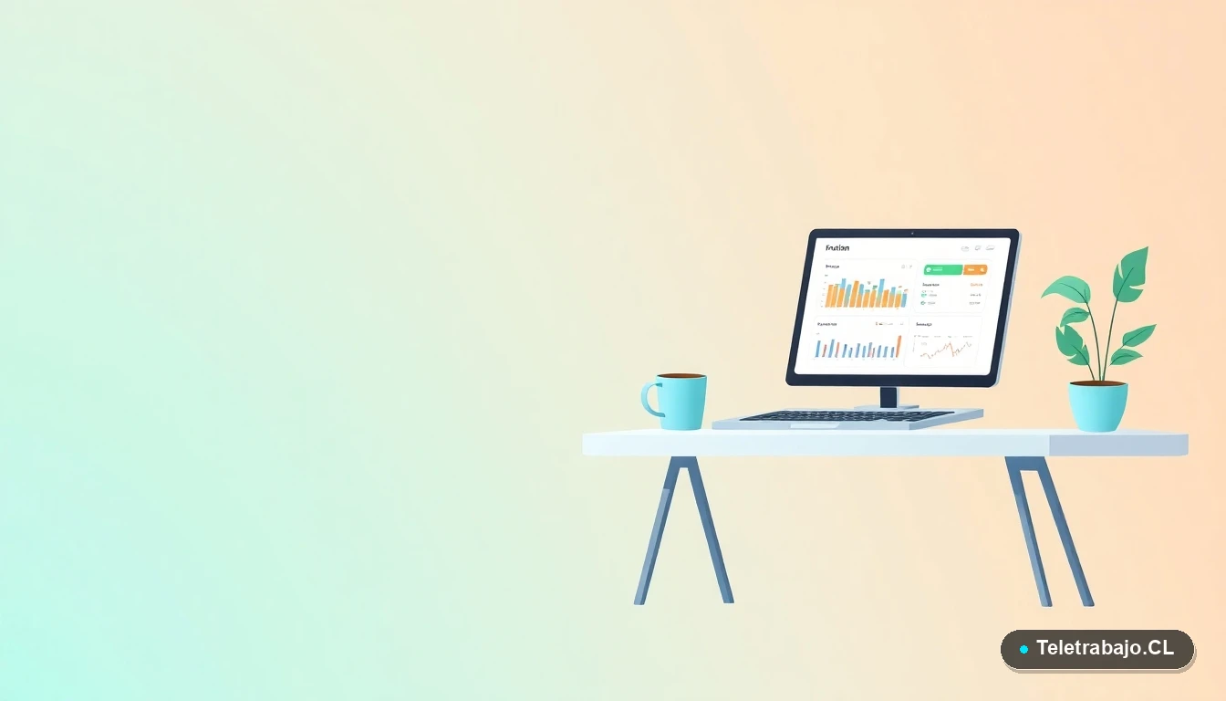 Escritorio moderno vacío con laptop, gráficos de finanzas, taza de café y planta, representando el crecimiento de una pyme con SENCE.