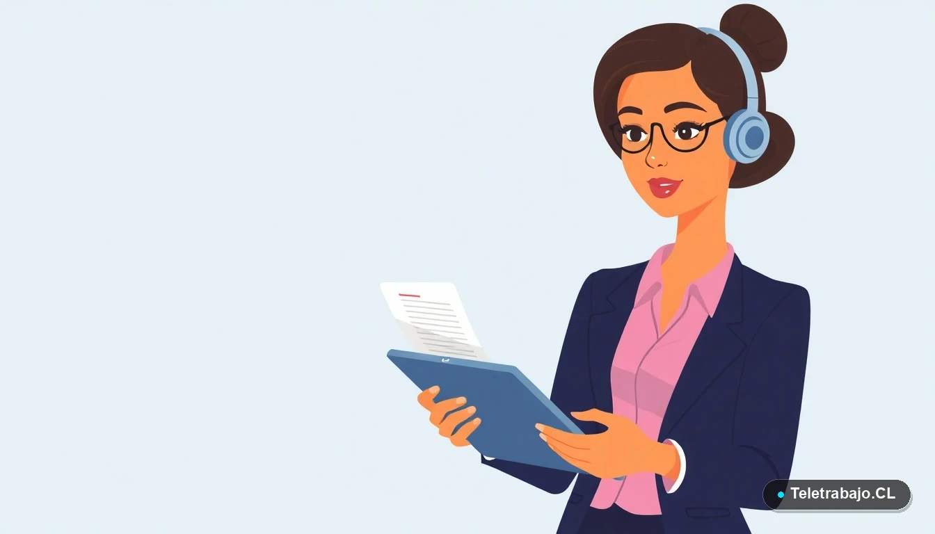 Mujer profesional analizando documentos legales de finiquito por quiebra en Chile, ilustración plana corporativa.