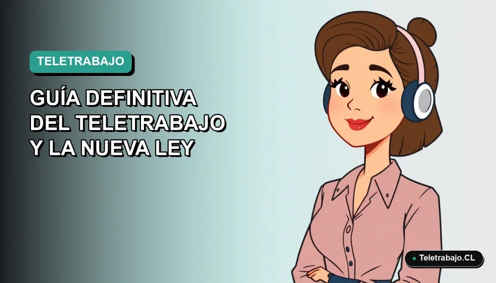 Ilustración plana corporativa de mujer chilena trabajando remotamente con fondo degradado azul verdoso, representando la nueva ley de teletrabajo 2026.