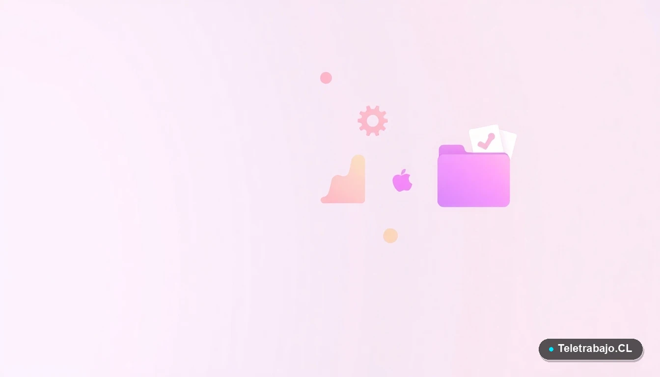 Composición abstracta de interfaz de usuario con gráficos y engranajes flotantes, estilo ilustración plana, representando conceptos de tecnología y teletrabajo en Chile.