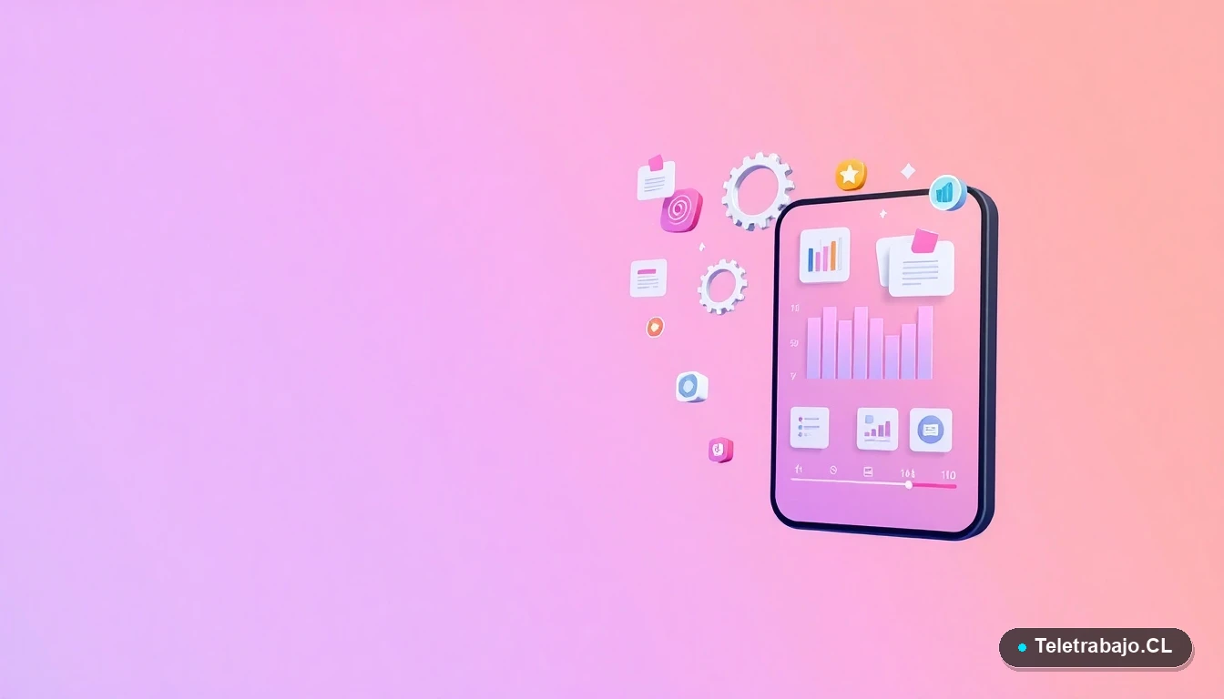 Interfaz de usuario abstracta con gráficos flotantes y elementos digitales, representando la tecnología del trabajo flexible. Fondo degradado lila.