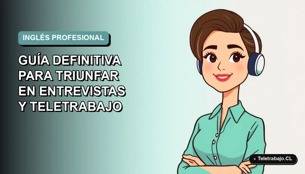 Ilustración plana de mujer profesional con laptop en fondo degradado azul verdoso, concepto de teletrabajo y dominio del inglés.
