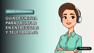 Ilustración plana de mujer profesional con laptop en fondo degradado azul verdoso, concepto de teletrabajo y dominio del inglés.