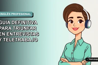 Ilustración plana de mujer profesional con laptop en fondo degradado azul verdoso, concepto de teletrabajo y dominio del inglés.