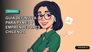 Ilustración vectorial plana de una mujer profesional chilena sonriente, con blusa verde, junto a gráficos de finanzas y un laptop. Fondo con gradiente suave de color aguamarina.