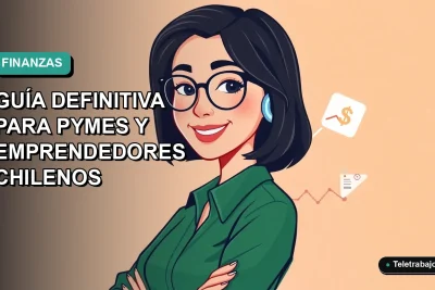 Ilustración vectorial plana de una mujer profesional chilena sonriente, con blusa verde, junto a gráficos de finanzas y un laptop. Fondo con gradiente suave de color aguamarina.