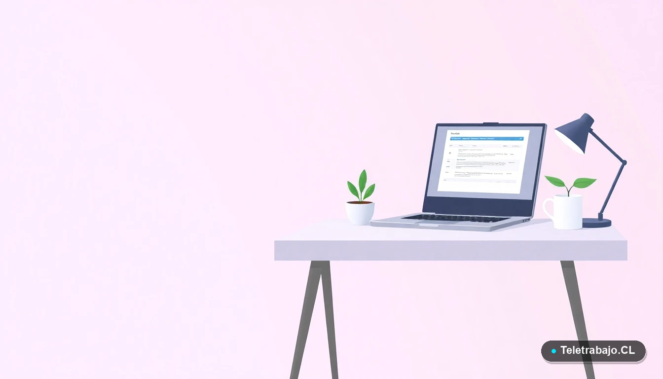 Escritorio moderno vacío con laptop mostrando una planilla de Excel, una planta suculenta y una taza de café. Ilustración vectorial minimalista con fondo gradiente lila.