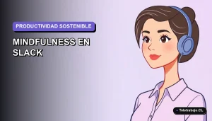 Ilustración vectorial plana premium que muestra a una trabajadora remota con una expresión serena, representando la integración de mindfulness en el flujo de trabajo digital de Slack. Fondo con gradiente suave.