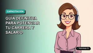 Ilustración vectorial plana de una mujer profesional chilena sonriendo, con fondo degradado azul verdoso, representando la formación profesional 2026.