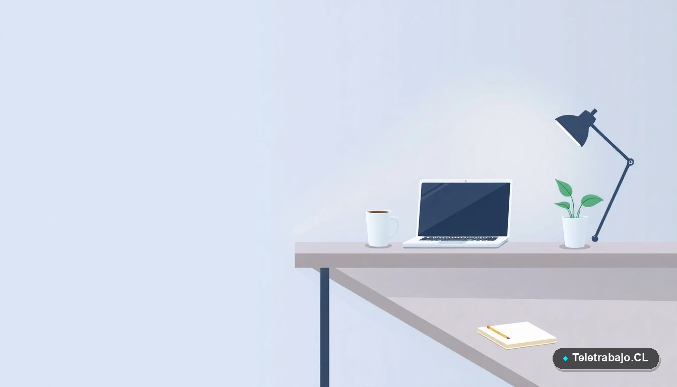 Escritorio moderno minimalista con laptop, cuaderno y taza de café, sobre fondo degradado frío, concepto de espacio de trabajo y aprendizaje continuo.