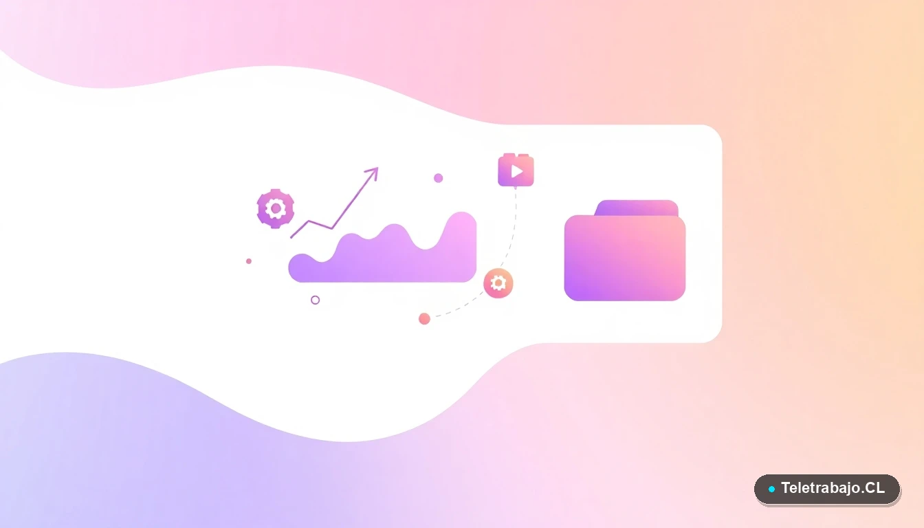 Elementos de interfaz de usuario abstractos con gráficos, engranajes y carpetas en tonos lavanda y durazno, sobre fondo degradado, representando estrategia y tecnología de capacitación.