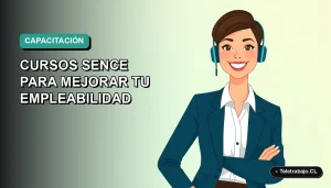 Ilustración plana vectorial de una mujer profesional con blusa blanca y chaqueta azul, sonriendo, sobre un fondo degradado suave de color verde azulado. Representa la formación digital para mejorar la empleabilidad en Chile.