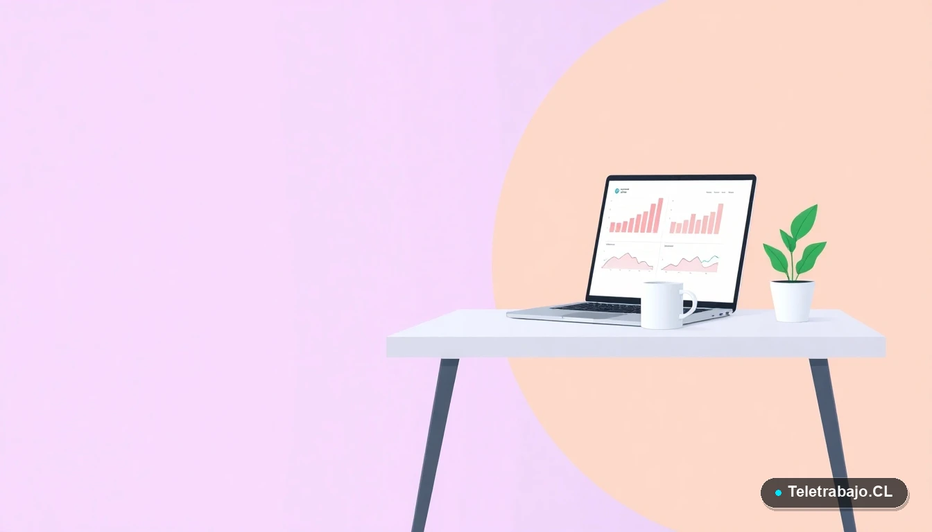 Escritorio moderno minimalista con laptop, taza de café y una planta suculenta, en estilo de ilustración vectorial plana, sobre fondo degradado lavanda y durazno. Representa el espacio de trabajo digital y la capacitación en línea.