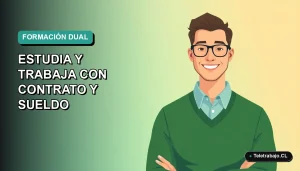 Ilustración plana vectorial de un trabajador masculino de tecnología con suéter verde, representando la Formación Dual en Chile 2026, con fondo degradado vacío.