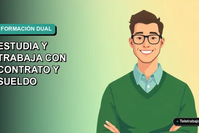 Ilustración plana vectorial de un trabajador masculino de tecnología con suéter verde, representando la Formación Dual en Chile 2026, con fondo degradado vacío.