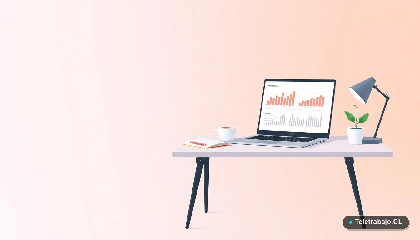 Escritorio moderno vacío con laptop, gráficos, taza de café y planta, ilustración plana para artículo sobre Formación Dual en Chile.